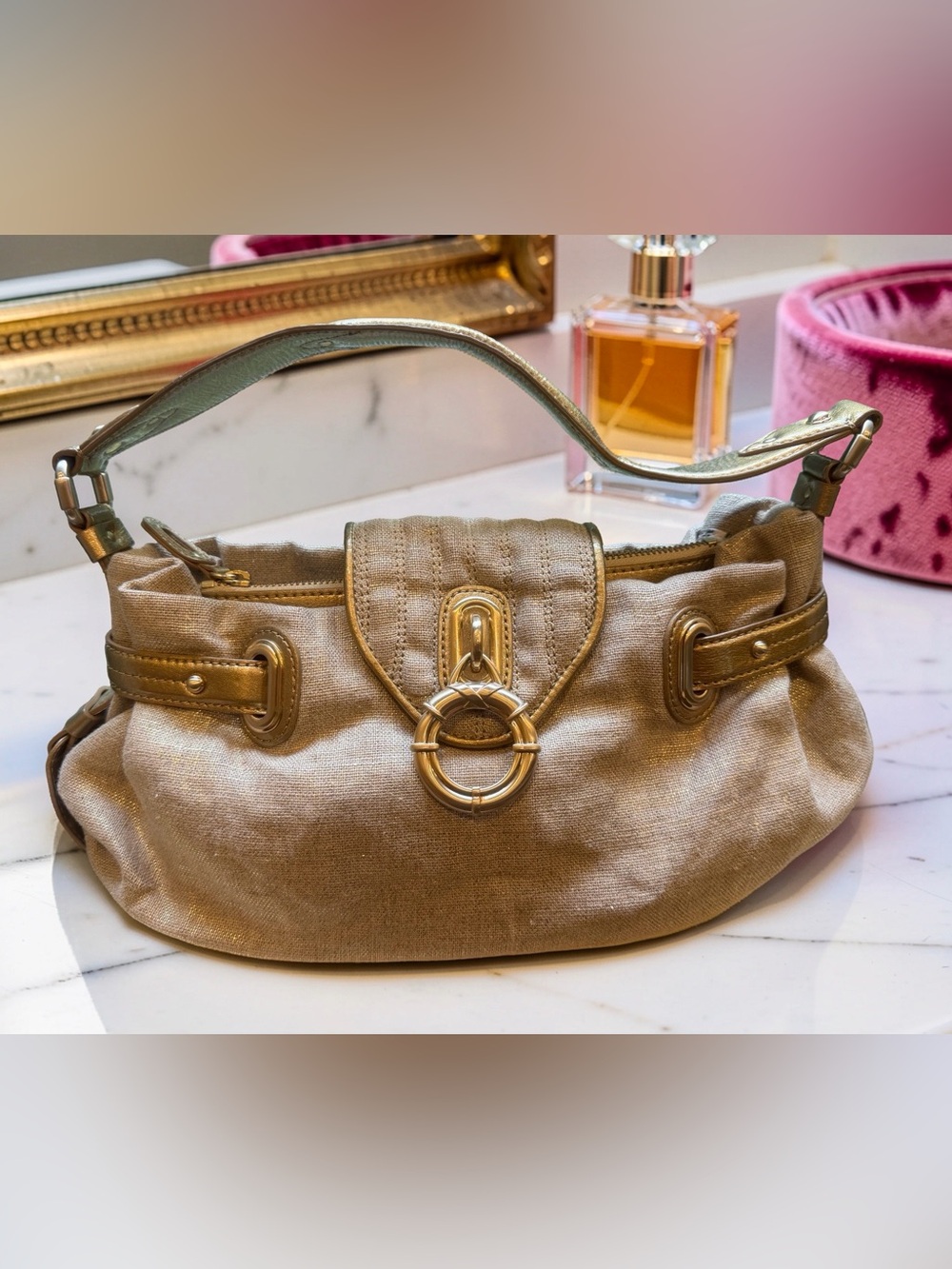 Laundry Shelli Segal VTG Gold-Trim Leather & Linen Beige Shoulder Bag (P273)